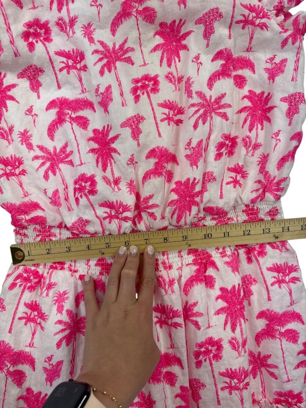 Vineyard Vines Women's M Linen Pink Palm Mini Dress Smocked Ruffle Tropical Res - Picture 7 of 11